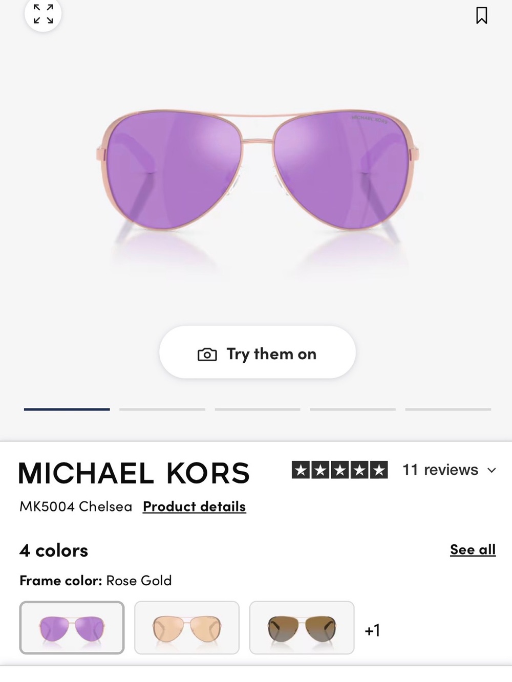 Michael Kors Chelsea MK 5004 Rose Gold Aviator Sunglasses with Purple Lenses